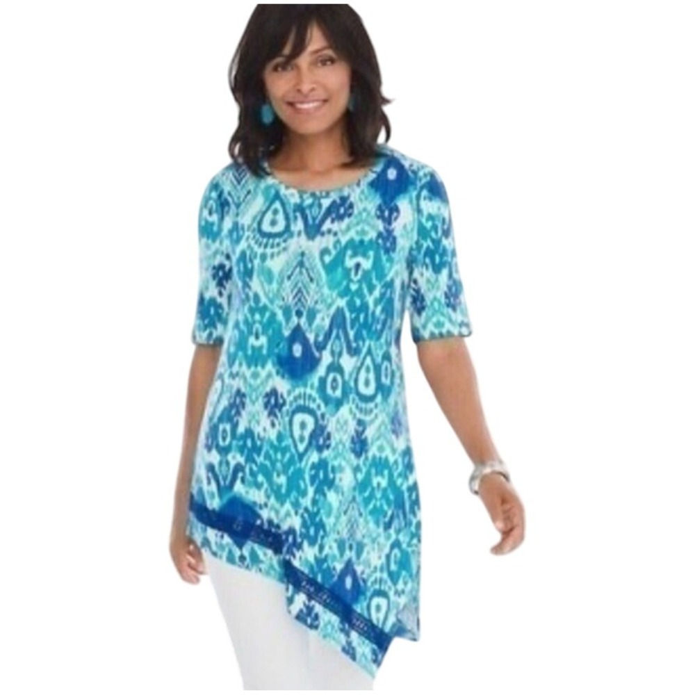 Chico's 0 S‎ Blue White Ikat Print Asymmetrical Tunic Top Short Sleeve